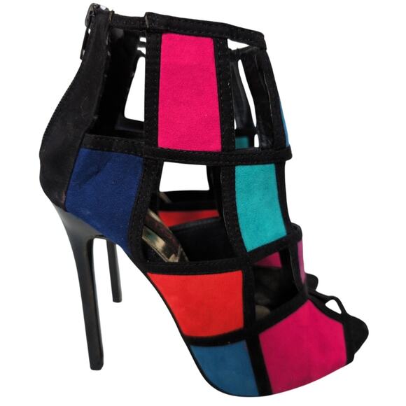 Peep Toe Colorblock Mod Cage Sandal 7.5 Stiletto Heel Statement Maximalism Artsy - Picture 1 of 8